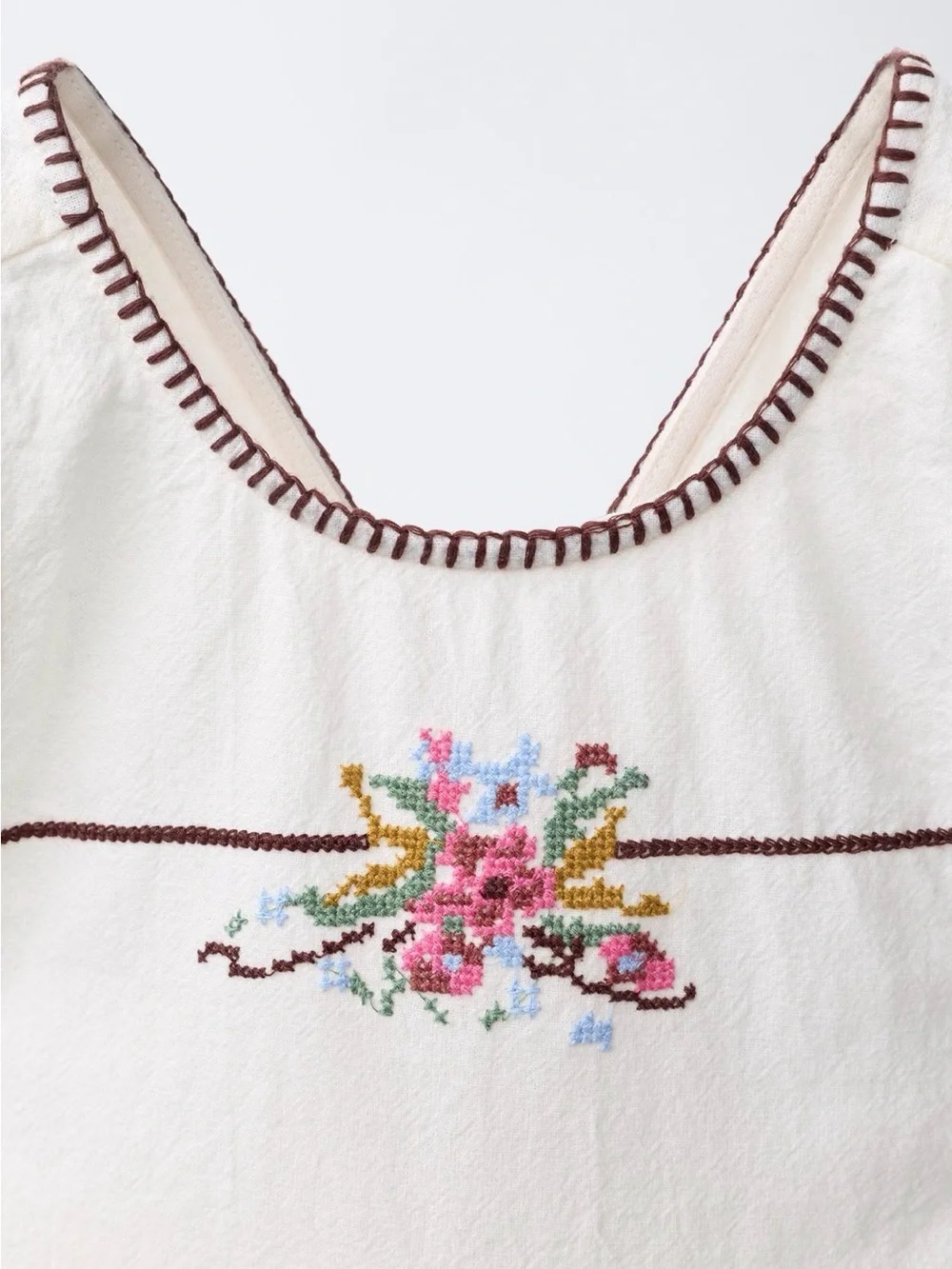 Zara Cream Romper with Pink Floral Embroidery